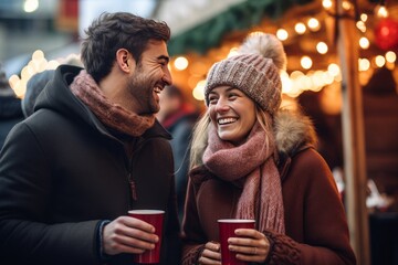 Wall Mural - young cheerful people drinking mulled wine at the christmas market on a winter vacation in warm winter clothes, airy lights and bokeh in the background