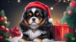 A cute cavalier king charles spaniel wears a Santa Claus costume on Christmas and has beautiful decorations.