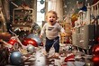 a playful cheerful hyperactive cute white toddler boy or girl misbehaving and making a huge mess in a living-room with christmas tree, decoration, gifts and ornaments, throwing around things