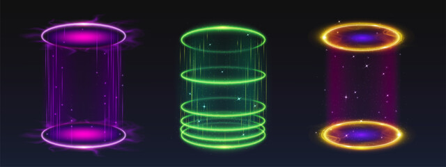 Poster - magic sparkling light portals set isolated on black background. vector realistic illustration of neo