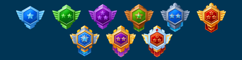 Poster - Medal and emblem with star, ribbon and wings for game interface level rank design. Cartoon vector illustration set of various colorful hexagon gui medieval award labels and trophy for achievement.