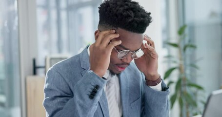 Wall Mural - Stress, laptop and businessman working in office typing email or doing research on website. Mistake, frustrated and professional African male attorney planning a corporate legal law case on computer.