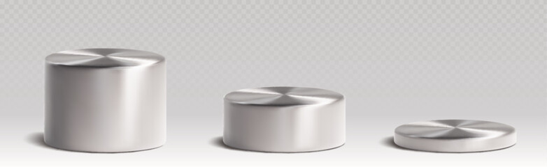 Wall Mural - silver metallic cylinder product podiums of different height. realistic 3d vector illustration set o