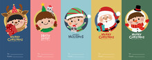 Merry Christmas And Happy New Year Greeting Tag Card With Santa Claus, Cute Kids In Snowman, Xmas Tree, Deer And Elf Costume. Holiday Cartoon Character In Winter Season. -Vector