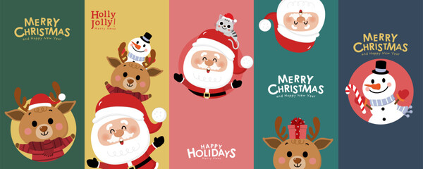 Wall Mural - 2024, animal, background, banner, card, cartoon, celebration, character, cheerful, christmas, claus, cute, december, decoration, deer, design, eve, flat, fun, funny, gift, greeting, happiness, happy, 