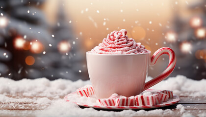 A cozy winter scene featuring a pink cup filled with hot chocolate and marshmallows, candy canes on a snowy wooden table with festive lights.