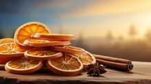 A Stack Of Dried Orange Slices With Cinnamon Sticks. AI Generate Illustration