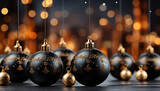 Fototapeta  - Matte black Christmas baubles with golden glitter designs on a wooden surface with bokeh lights