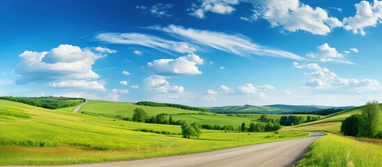 Country road in green field and blue sky with clouds. Panoramic view.