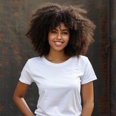 Wall Mural - Black woman wearing blank empty t-shirt for mockup