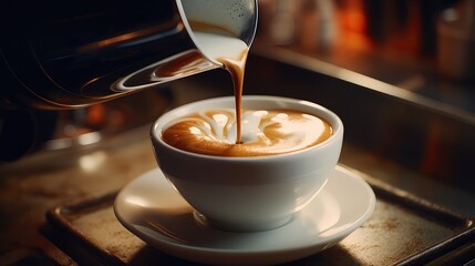 Wall Mural - Milk pouring into a cappuccino cup with a pattern on the surface