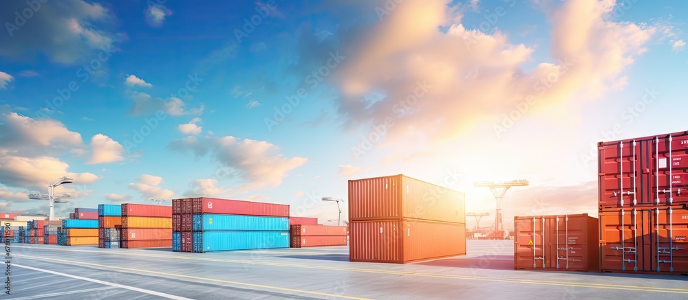 Container yard on blue sky background global logistics import export ...
