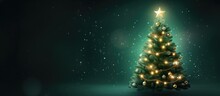 Festive Christmas Tree On Dark Green Background Holiday Greetings New Year Winter Theme Copy Space Image Place For Adding Text Or Design