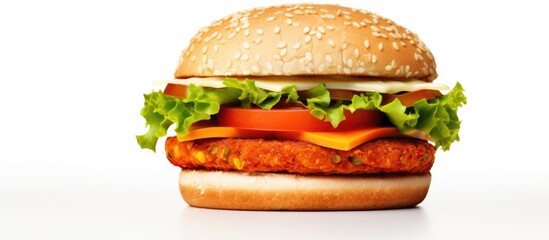 Poster - Delicious veggie burger with carrot patty on a plain backdrop Copy space image Place for adding text or design