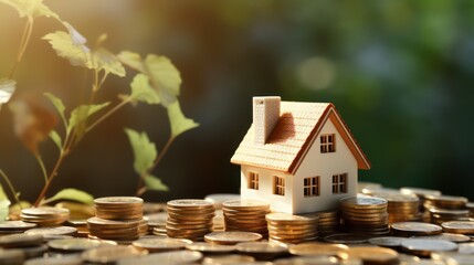 Sticker - Mini house on top of stack of coins. Concept of financial banking and investment property.