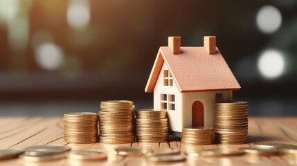 Sticker - Mini house on top of stack of coins. Concept of financial banking and investment property.