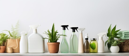 Eco friendly cleaning products natural detergent bottles and various items for green home cleaning showcased in a mockup Copy space image Place for adding text or design