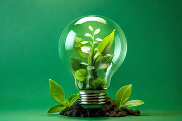 Vibrant eco friendly lightbulb surrounded by lush plants on a renewable energy concept