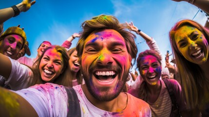 Wall Mural - A close-up shot of friends and family celebrating Holi, their faces and clothes splattered with vibrant, multicolored powders, showcasing the essence of this colorful festival