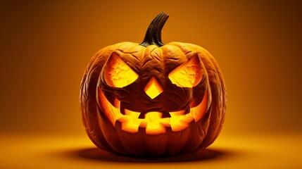 Wall Mural - A creatively carved pumpkin with a spooky, sinister expression, its features casting eerie shadows, contrasted against a vibrant yellow background, evoking a sense of Halloween mystery