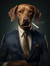 Dog Dressed In A Casual Suit With Nice Tie And Ciggar. Fashion Portrait Of An Anthropomorphic Animal Posing With A Charismatic Human Attitude. Generative AI