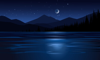 Wall Mural - night landscape with moon and stars