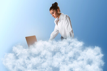 Aufkleber - Young caucasian businesswoman using her laptop on cloud. Blue sky background. Dream big, business and strategy, forethought and vision concept.