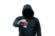 Faceless man in a hood holds transparent plastic bag with white pills hard drugs on transparent background, anonymous drug dealer or gangster sells narcotics