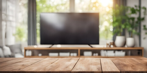 Wall Mural - Empty table with abstract blurred background. blur living room. for product display.