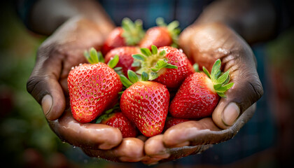 Wall Mural - Close-up of two wrinkled hands (cupped hands full of fresh strawberries) of a farmer showing the harvest of red strawberries wet with dew. 