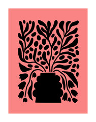 Fototapete - Abstract floral poster in modern style. Contemporary botanical wall art, garden bouquet. Blooms, leaves, branches silhouette in vase, trendy card, vertical decoration. Flat graphic vector illustration