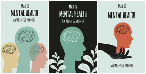 Wall Mural - Set trendy retro Mental Health awareness month banner with brain in head. Mental Health poster in modern groovy style with brain and hand. Vector illustration can used web pages, flyer, card cover.