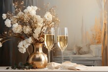 An Elegant Background Image Capturing The Ambiance Of Celebration, With Two Glasses Of Champagne And White Flowers, Offering Room For Customization. Photorealistic Illustration
