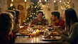 © pankajsingh - group of friends having dinner on Christmas at home