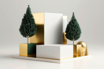 Generative AI illustration of a modern abstract christmas composition with geometric gold and green shapes, green trees, and spherical gold color element against a gray background