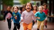 Group of kindergarten children are captured in a candid moment, their innocent expressions and joyful energy Kids friends playing running together