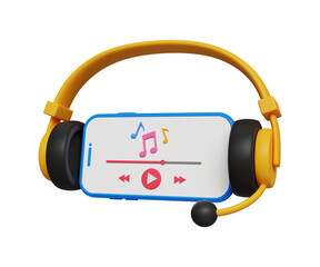 3D music streaming concept. Podcast listening, entertainment, wireless media. Playing music on smartphone with headphones. 3d illustration