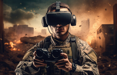 Soldier controlling fpv quadcopter drone, wearing a VR headset, modern future virtual reality warfare