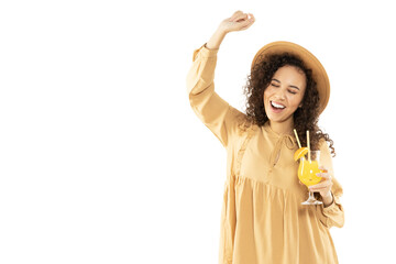 PNG,Young attractive girl in a hat and with a cocktail, isolated on white background