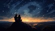 Star gazing moment shared between duo on high rock, Tranquility and companionship.