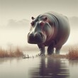 hippopotamus in water and fog