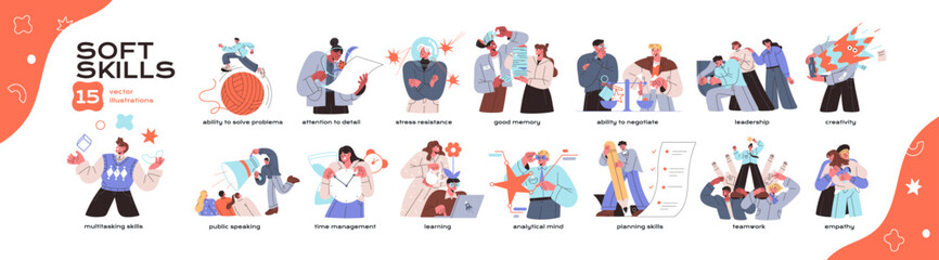 Poster - Soft skills set. Employees with corporate abilities: communication, teamwork, time management, multitasking. Workers competencies. HR business. Flat isolated vector illustration on white background