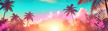 Wide-format tropical sunset with radiant palm silhouettes against a gradient sky of pink and blue hues, perfect for vacation themes. Holiday background. Empty, copy space for text.
