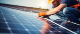 Fototapeta  - Electrical engineer worker in protective helmet and uniform working on roof with solar panels against sunset sky. man with helmet installing solar panels. generative ai