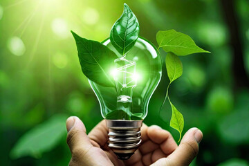 Hand holding light bulb amidst natures green leaf depicting renewable energy sources and responsible 