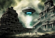 Flying saucer visiting an ancient civilization - Digital illustration