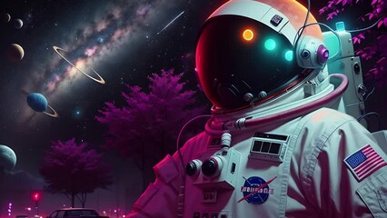 Wall Mural - Astronaut in a spacesuit flies in deep space animation. Dreamy cosmic animation, bright colors illustrations, transformations and metamorphose. AI generated video
