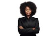 © Anastasiia - Afro Businesswoman In Suit Poses With Crossed Arms. Сoncept Professional Business Attire, Confident Posture, Empowered Expression, Diverse Workforce