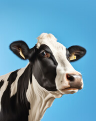 Wall Mural - Funny cute cow isolated on blue. Talking black and white cow close up. Funny curious cow. Farm animals. Pet cow on sky background looking at the camera