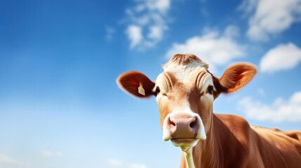 Wall Mural - Copy space Funny cute cow. Talking red and white cow close up. Funny curious cow. Farm animals. Pet cow on sky background looking at the camera